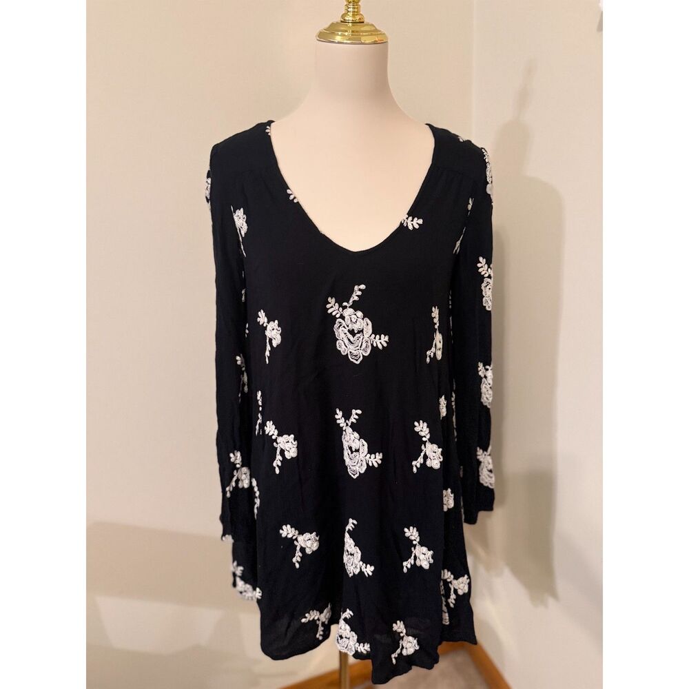 Free People Embroidered Open Back Tunic Mini Dress Black White Floral XS